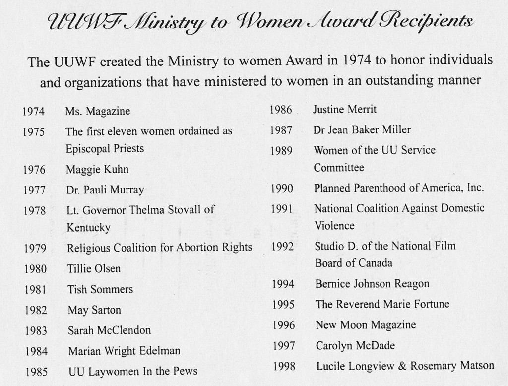 UUWF Ministry to Women Award Recipients